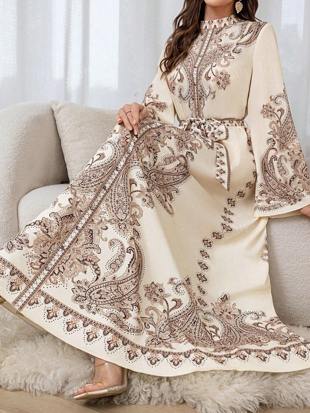 Print Flared Sleeve Sheath Maxi Dress
