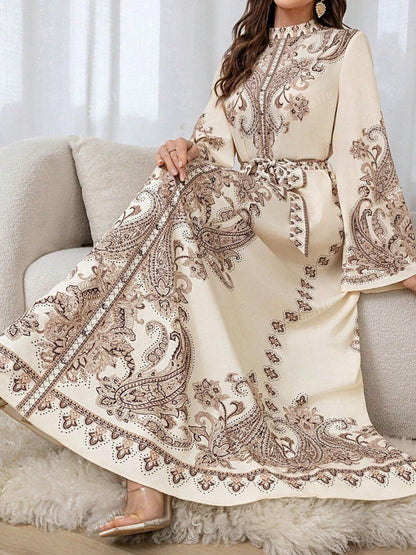 Print Flared Sleeve Sheath Maxi Dress