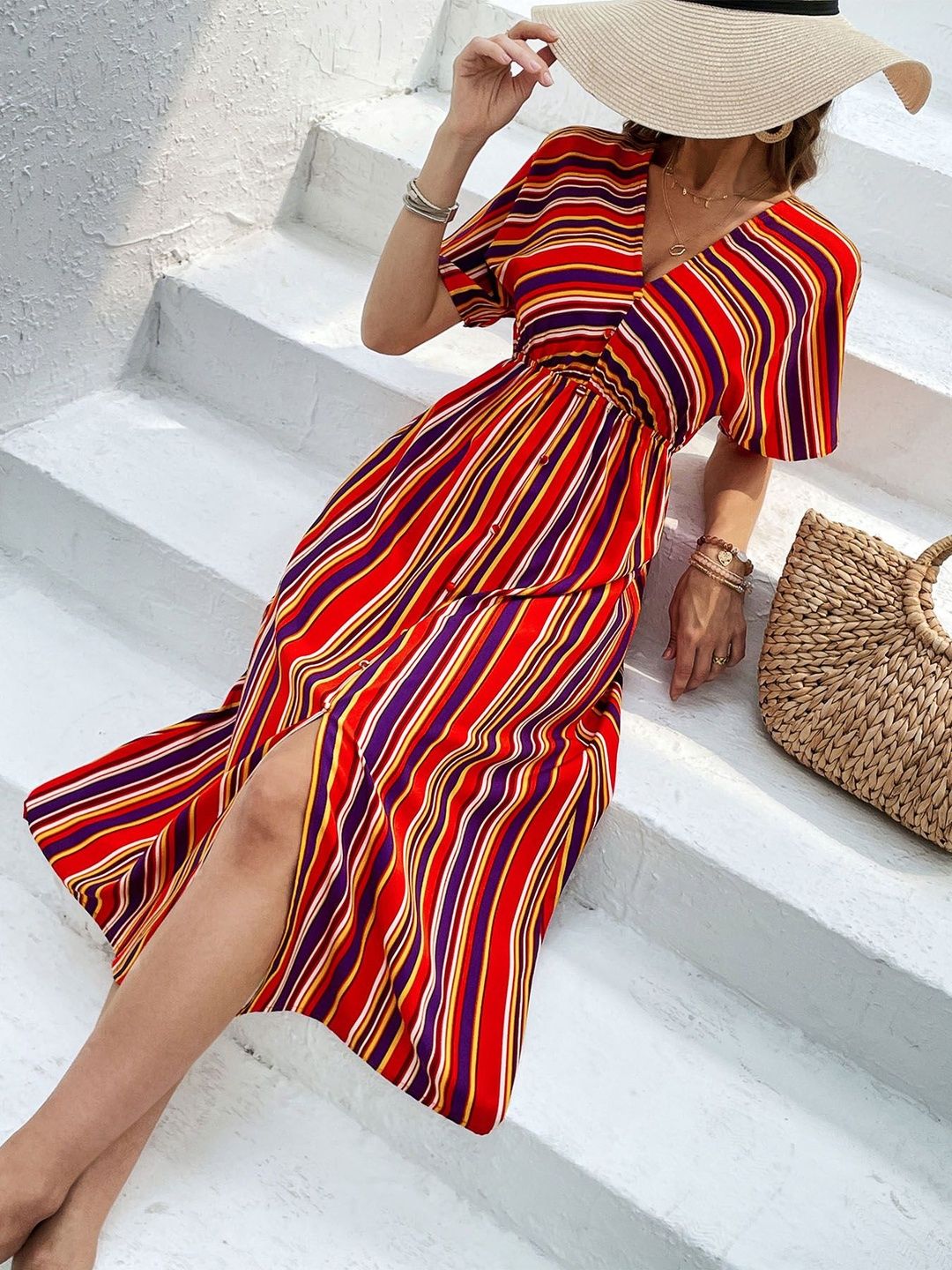 Striped Flared Sleeve A-Line Midi Dress