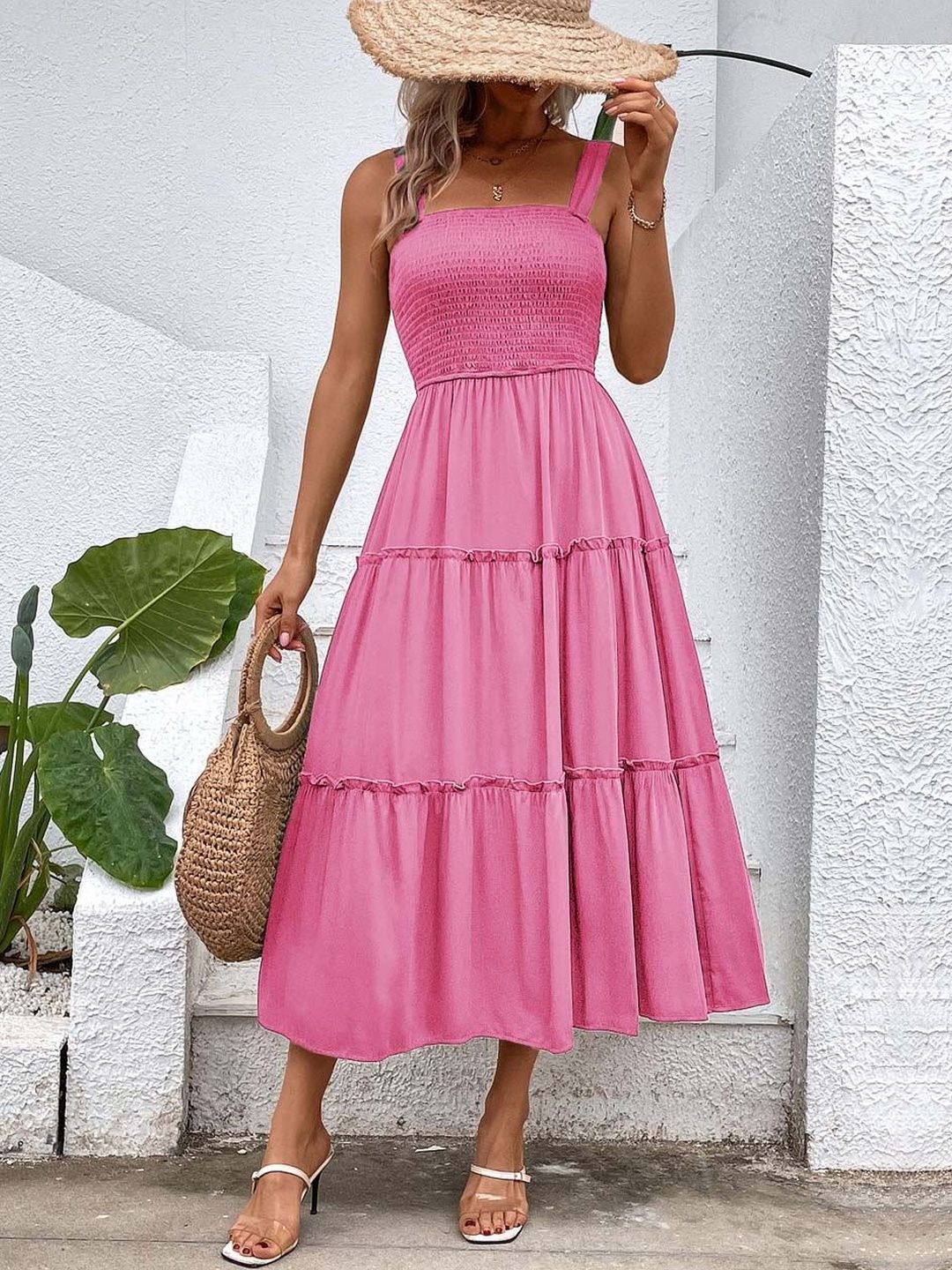 Fit & Flare Midi Dress in Pink - Nowi Korean Fashion