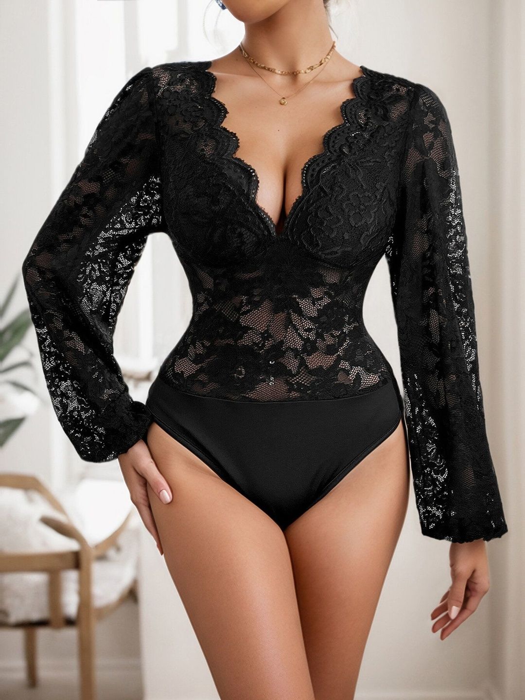 Self Design V-Neck Bodysuit in Black nylon Style 883 - Nowi Korean Fashion