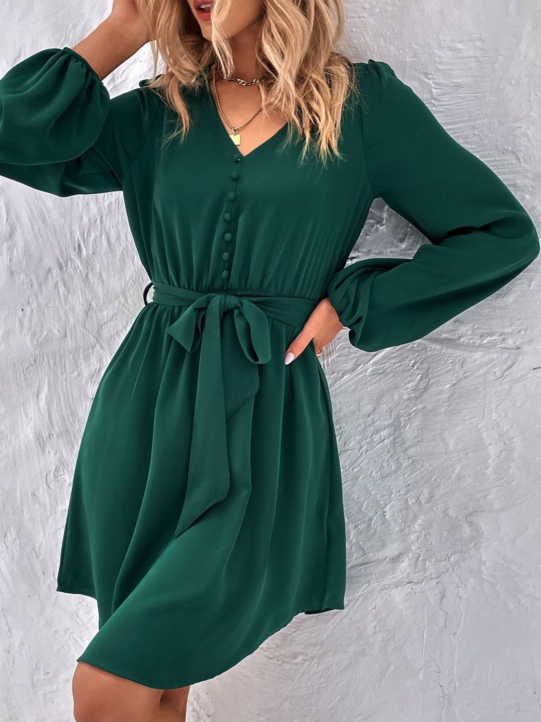 Women's Green Puff Sleeve Fit & Flare Dress