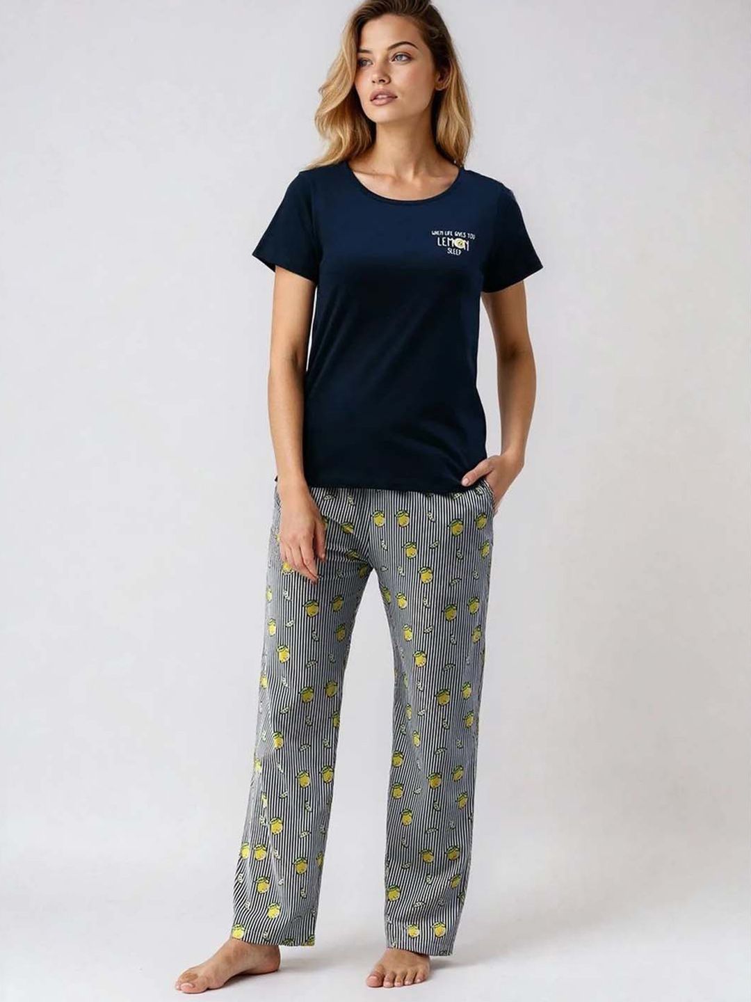 Printed Night suit in Blue - Nowi Korean Fashion