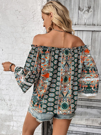 Print Off-Shoulder Bell Sleeve Bohemian Cotton Top