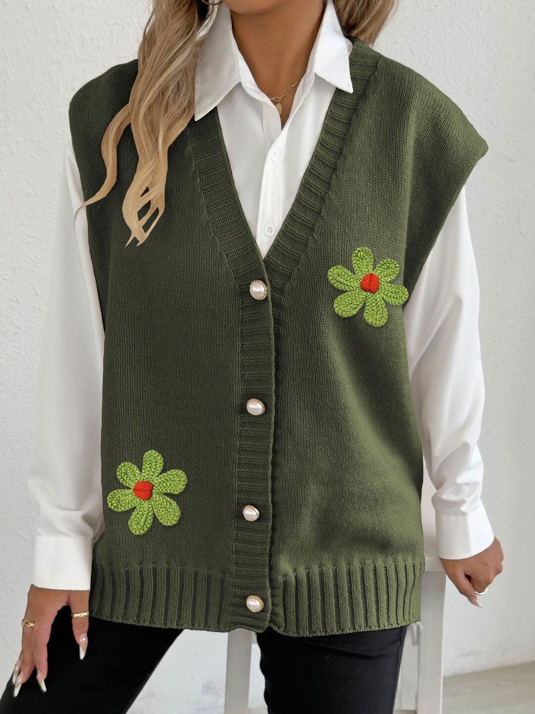 Women Embroidered Sweater Vest with Embroidered Detail