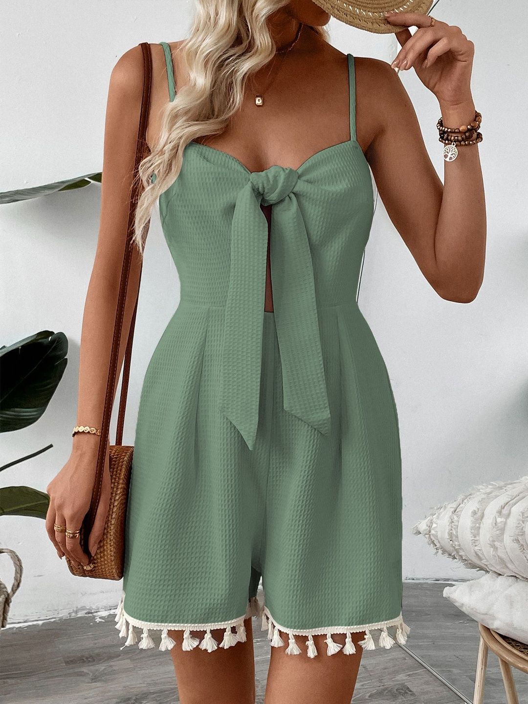 Jumpsuit in Green cotton Sleeveless - Nowi Korean Fashion