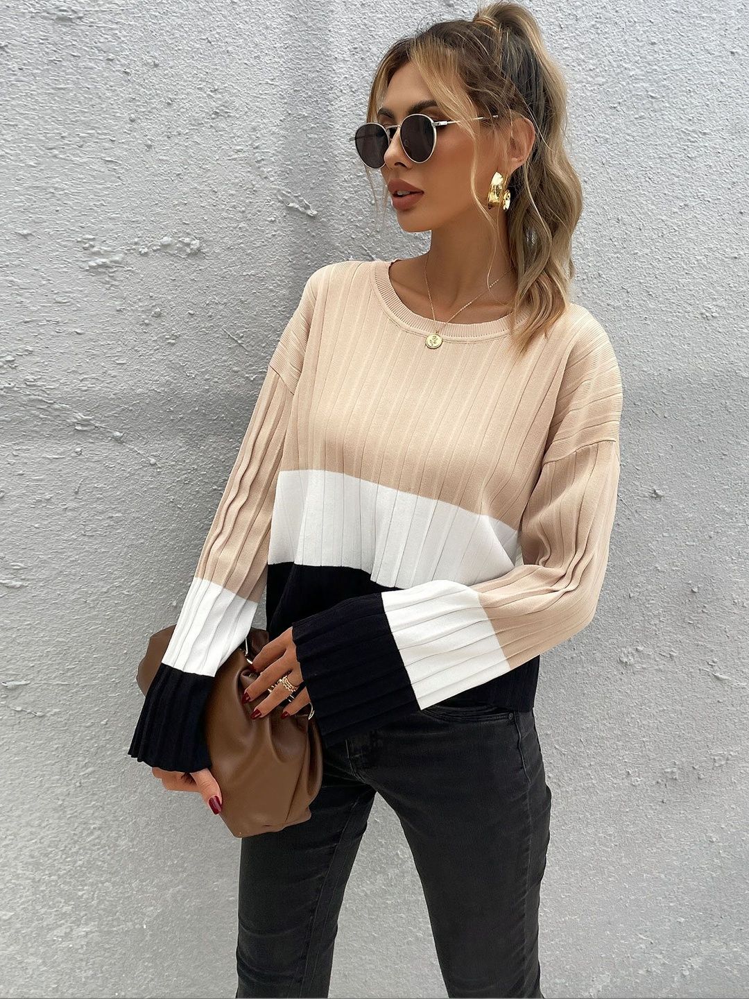 Women's Beige Colourblocked Pullover Blend Printed