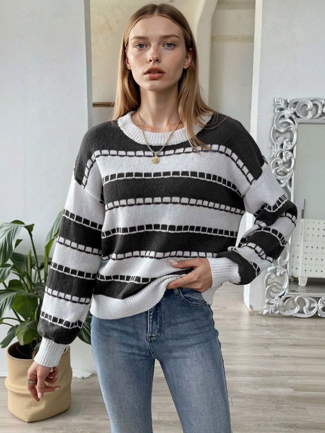 Striped Pullover in White acrylic Long Sleeve - Nowi Korean Fashion