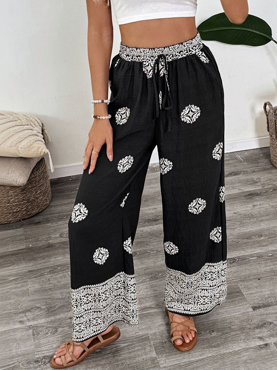 Women Ethnic Motifs Printed Loose Fit Non Iron Trousers
