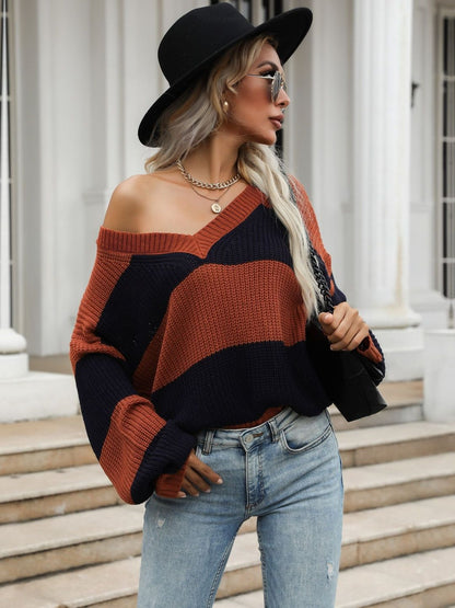 Women's Orange Striped Pullover Blend Regular Fit