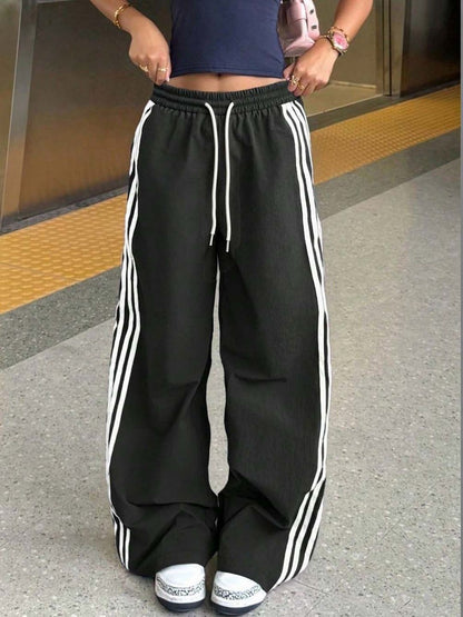Black and White Striped Relaxed Fit Wide Leg Trousers