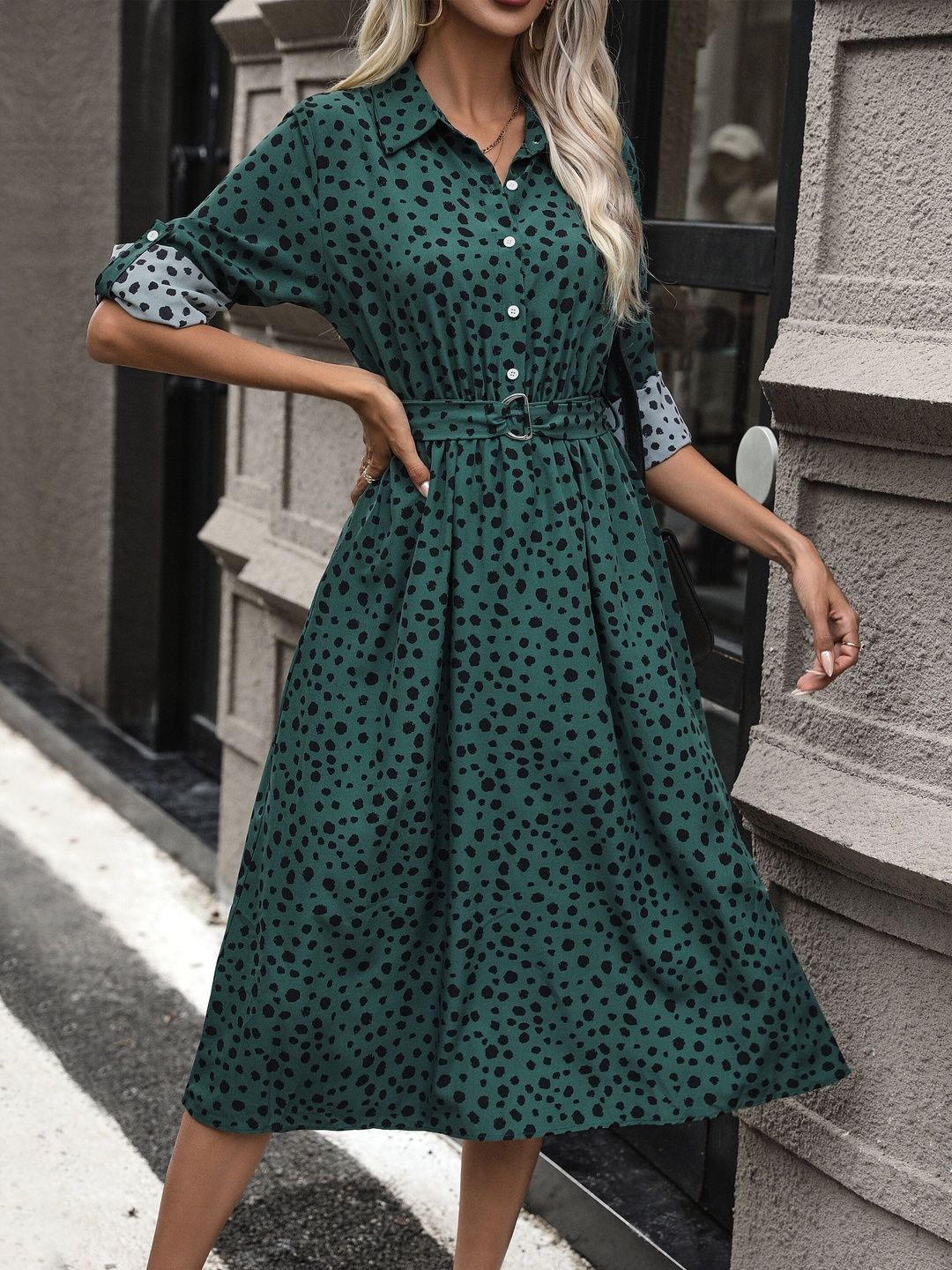 Women's Green Polka Dot Print Shirt Midi Dress