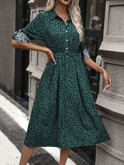 Women's Green Polka Dot Print Shirt Midi Dress