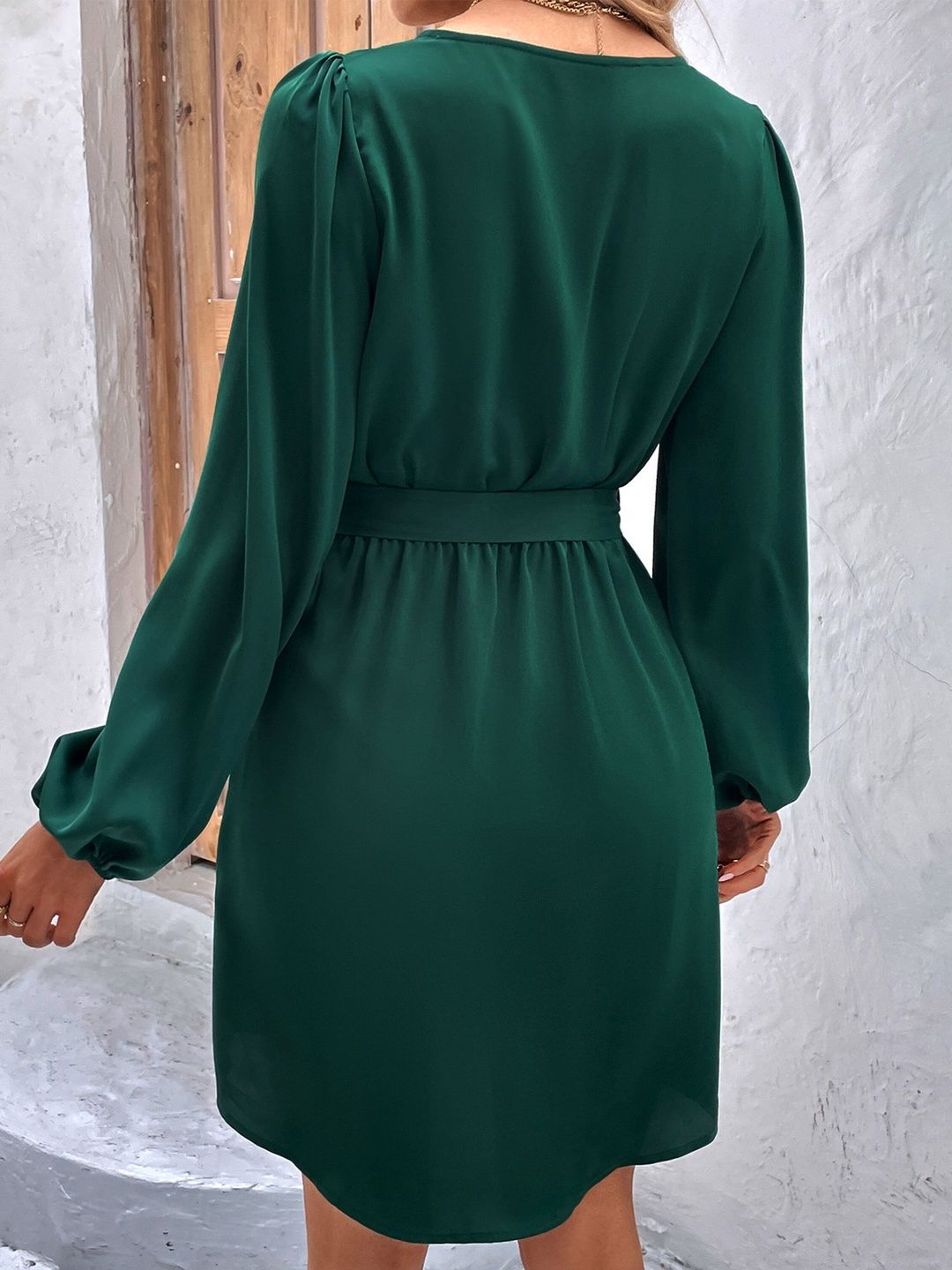 Women's Green Puff Sleeve Fit & Flare Dress