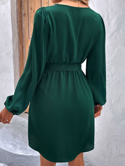 Women's Green Puff Sleeve Fit & Flare Dress