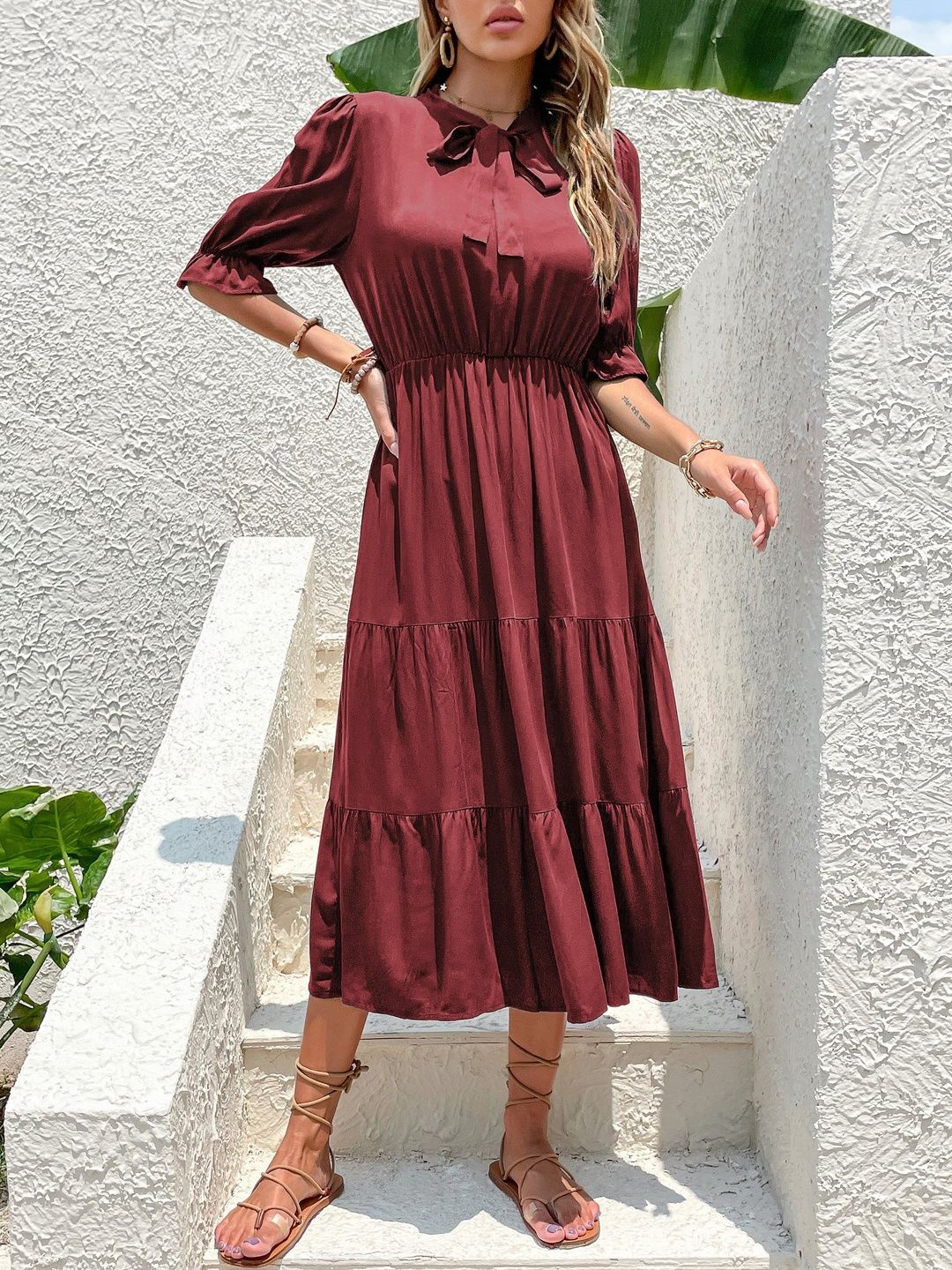 Tie-Up Neck Puff Sleeve Fit & Flare Midi Dress