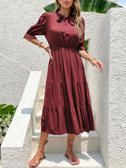 Tie-Up Neck Puff Sleeve Fit & Flare Midi Dress