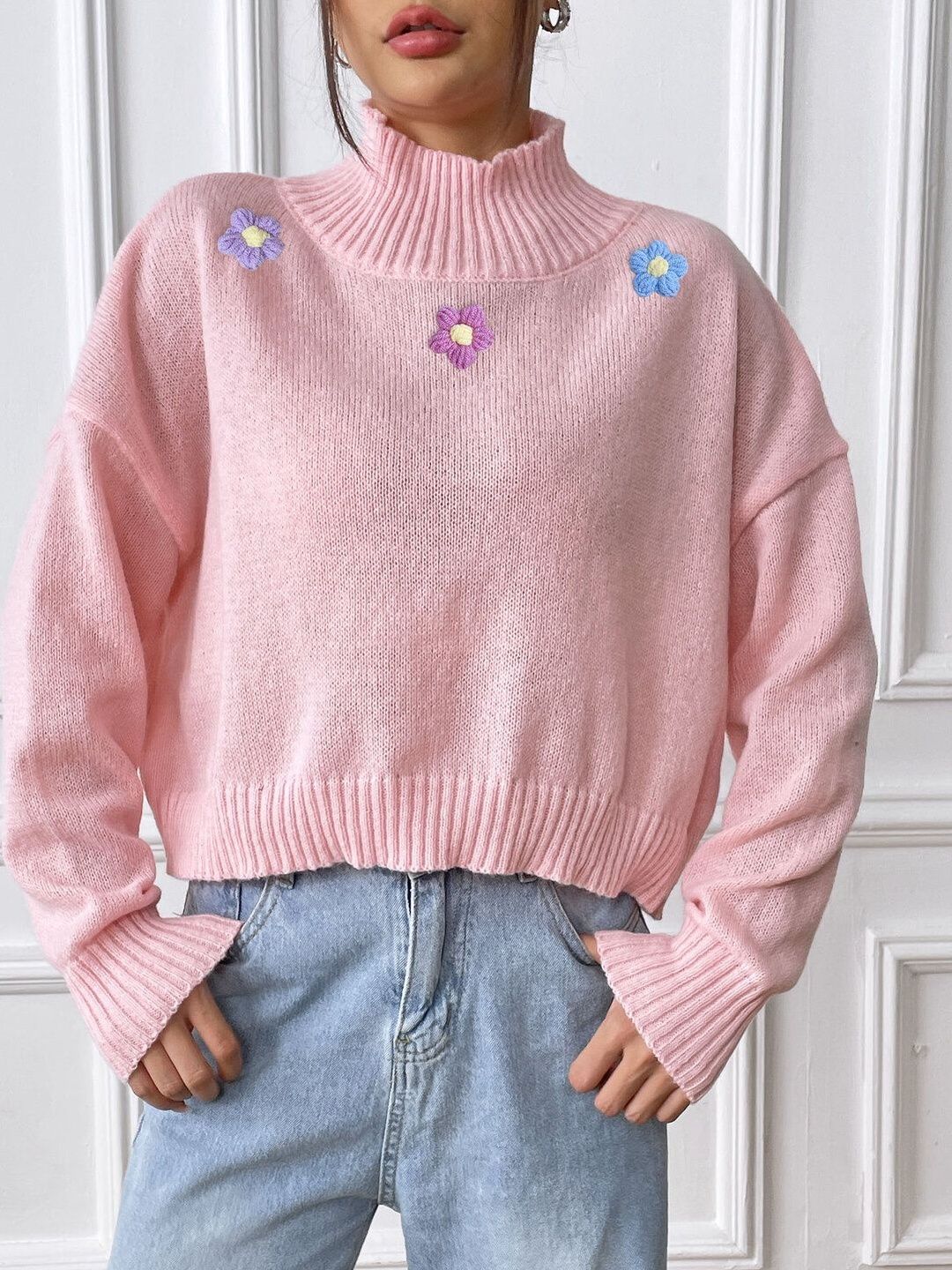 Women Crop Pullover with Embroidered Detail