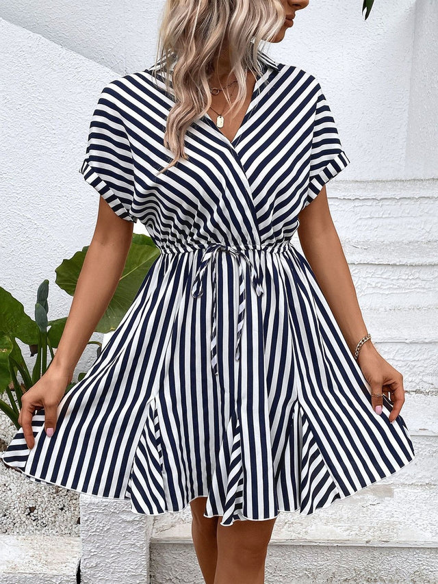 Striped Fit & Flare Dress Short Sleeve - Nowi Korean Fashion
