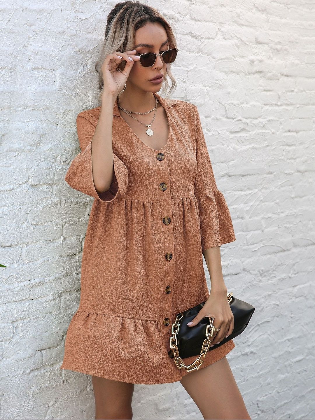 Bell Sleeve A-Line Mini Dress - Nowi Korean Fashion