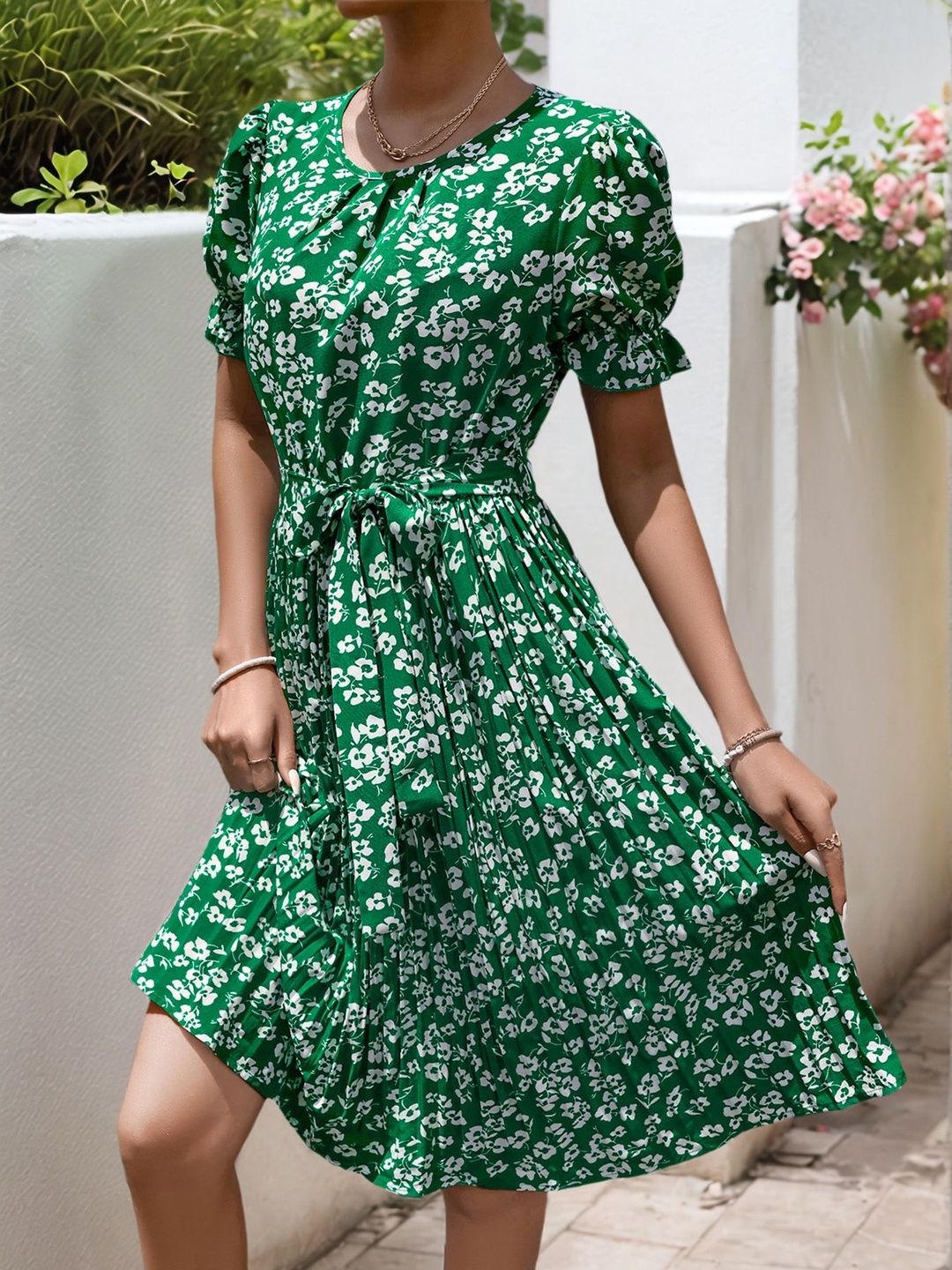 Floral Print Puff Sleeve Fit & Flare Dress