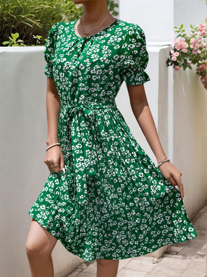 Floral Print Puff Sleeve Fit & Flare Dress