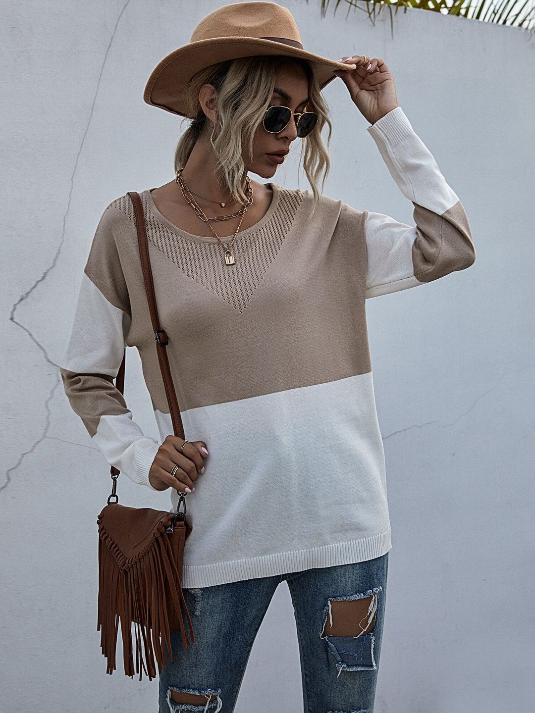 Colourblocked Pullover in Beige Style 468 - Nowi Korean Fashion