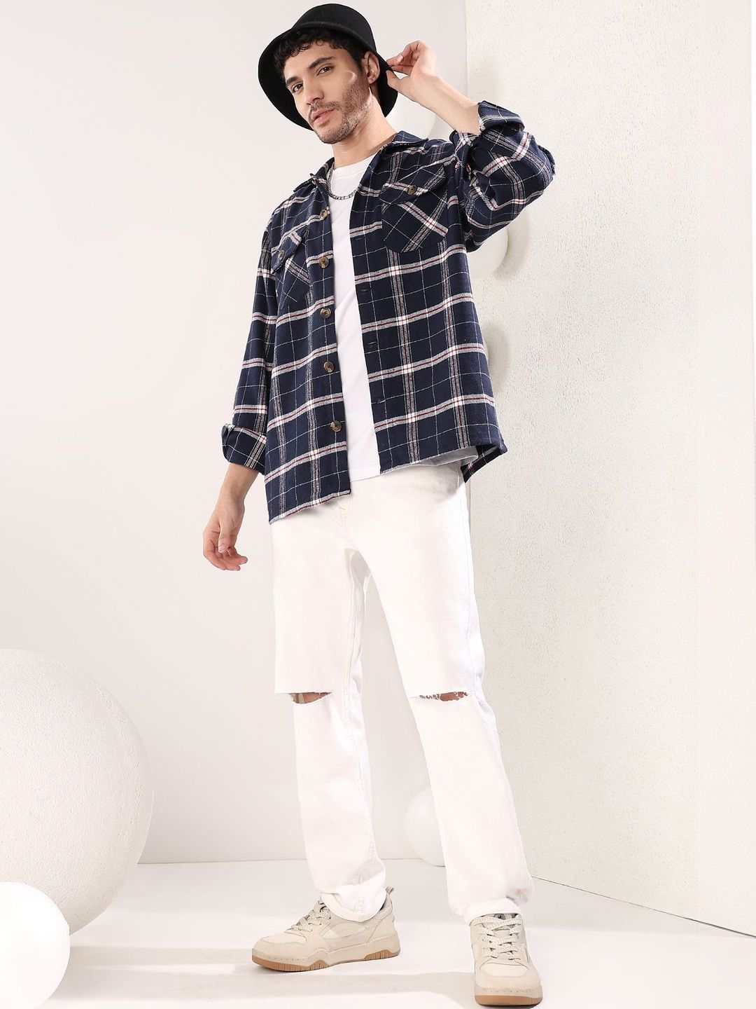 Checked Spread Collar Shackets in Navy Cotton - Nowi Korean Fashion
