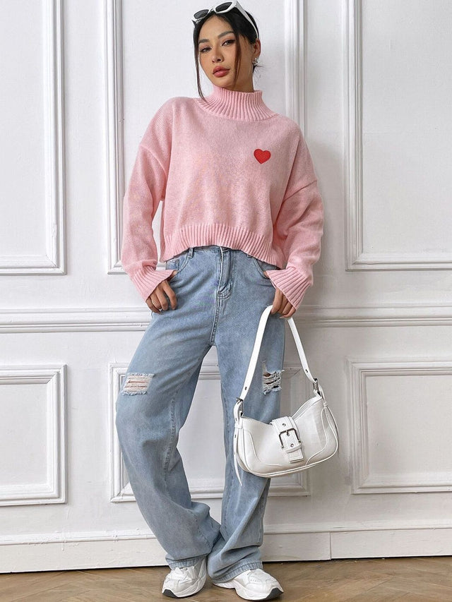 Crop Pullover with Embroidered Detail in Pink acrylic Long Sleeve - Nowi Korean Fashion