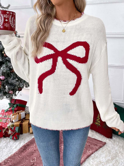 Women's White Round Neck Printed Pullover