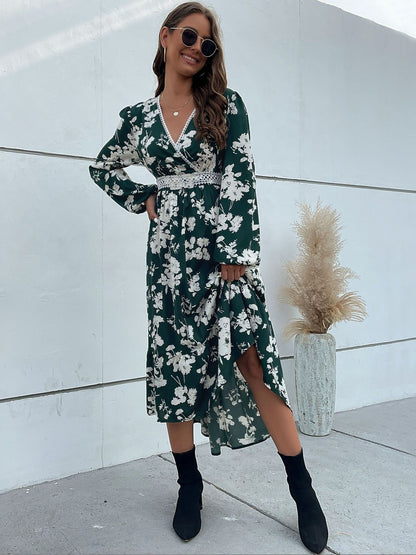 Women's Green Floral Print Fit & Flare Midi Dress Blend