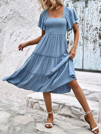 Off-Shoulder Flutter Sleeve Fit & Flare Midi Dress