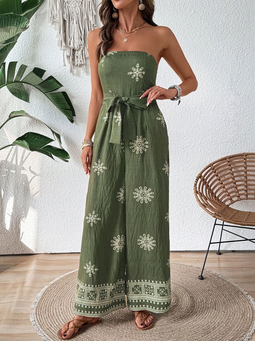 Linen Strapless Printed Basic Jumpsuit with Embroidered in Green - Nowi Korean Fashion