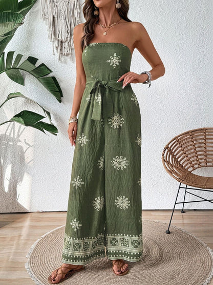 Linen Strapless Printed Basic Jumpsuit with Embroidered in Green - Nowi Korean Fashion