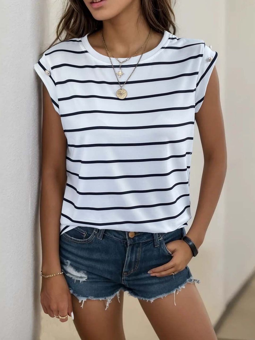 Striped Round Neck Top in White polyester - Nowi Korean Fashion