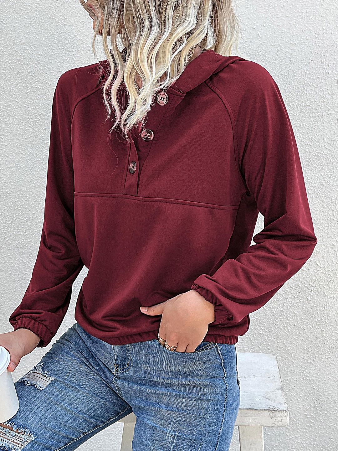 Hooded Sweatshirt in Maroon Cotton - Nowi Korean Fashion