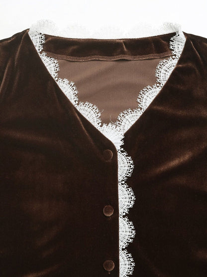 Women's Elegant Brown Velvet Top With Lace Trim