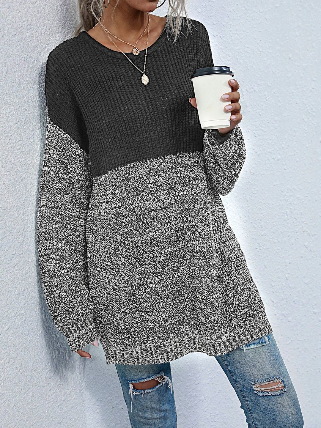 Colourblocked Pullover in Grey Style 298 - Nowi Korean Fashion