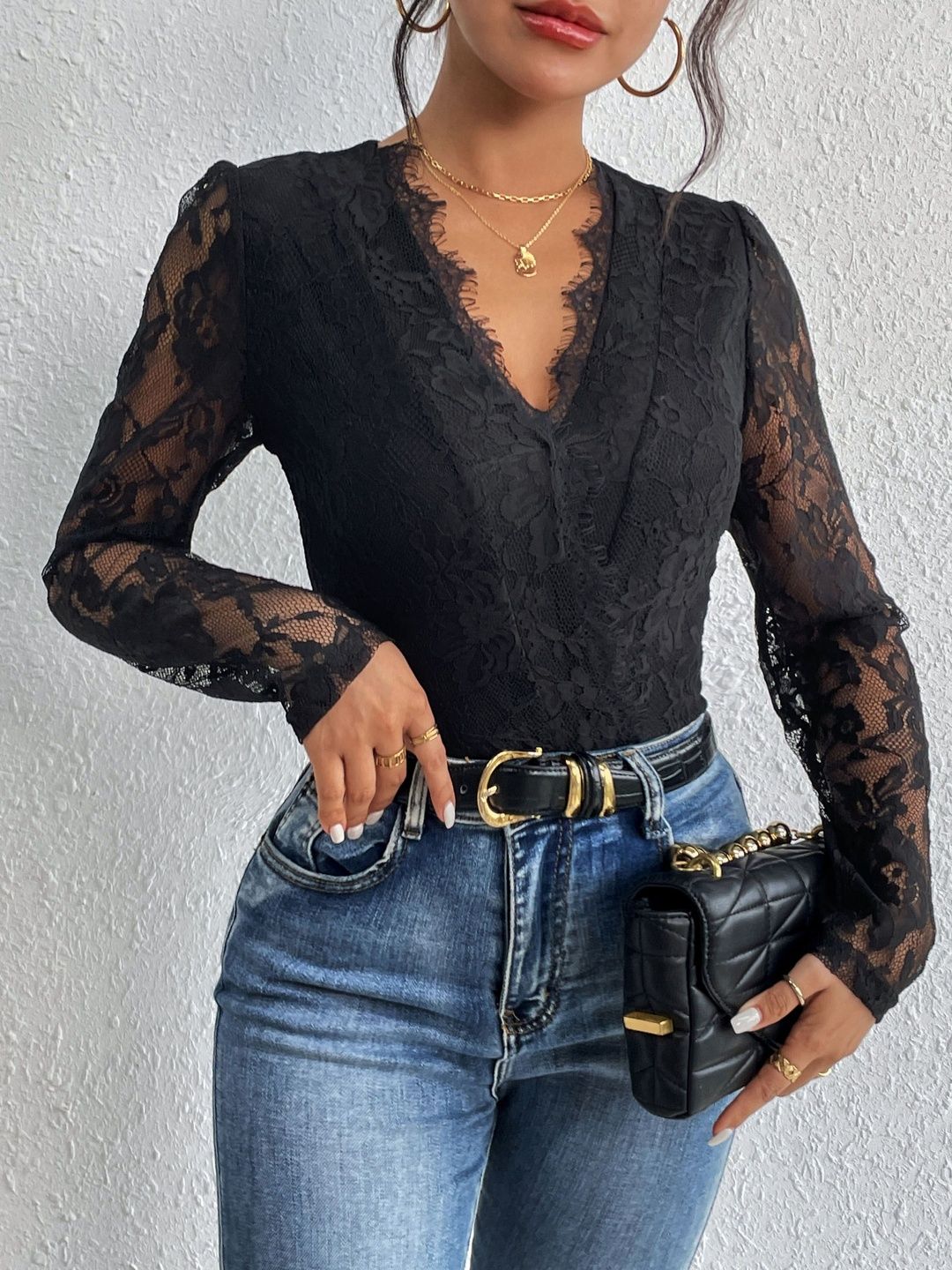 Women Black Lace detail Bodysuit