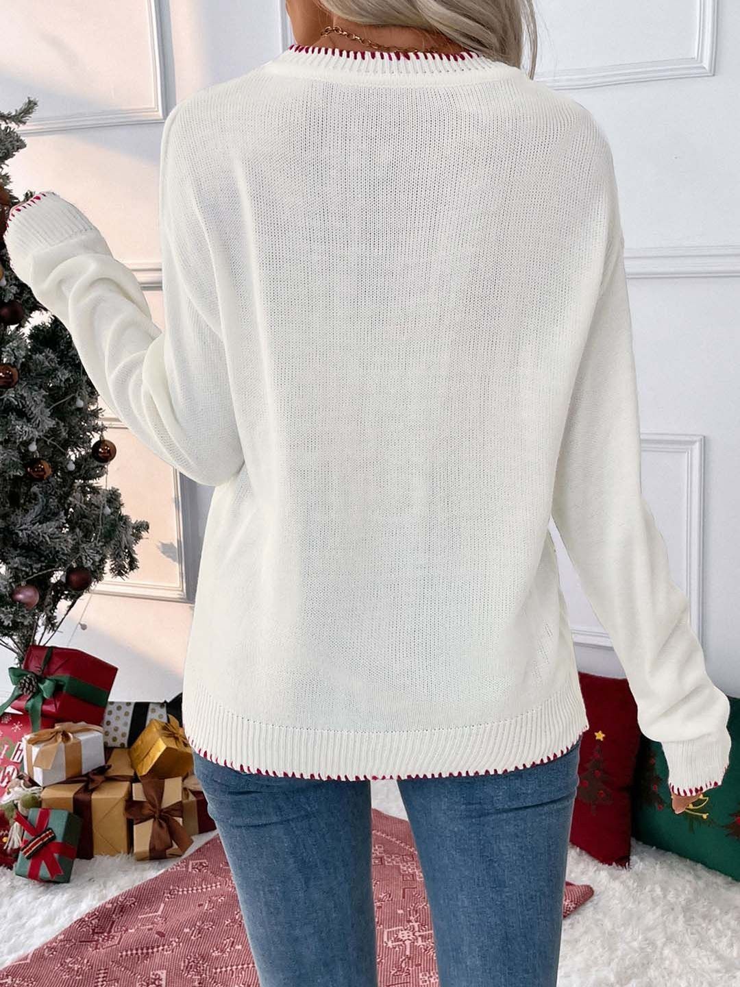 Women's White Round Neck Printed Pullover