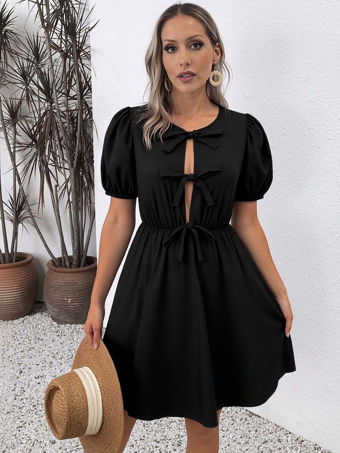 Puff Sleeve Fit & Flare Dress in Black - Nowi Korean Fashion