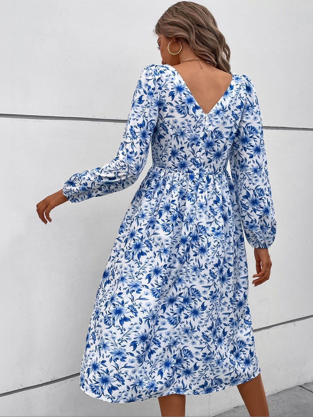Women's White Floral Print Puff Sleeve Fit & Flare Midi