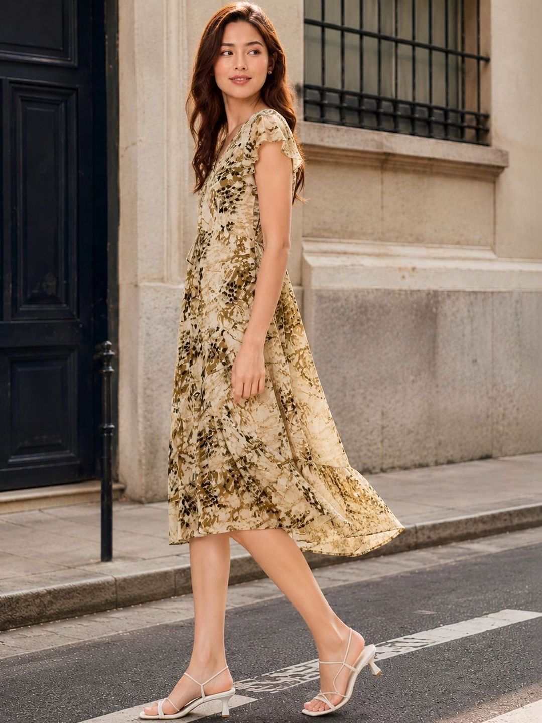 Print Flutter Sleeve Fit & Flare Midi Dress