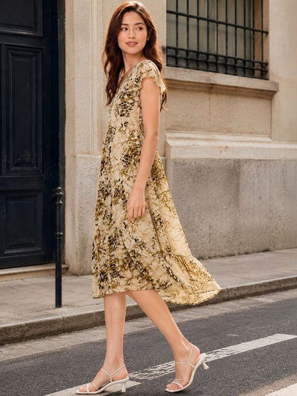 Print Flutter Sleeve Fit & Flare Midi Dress