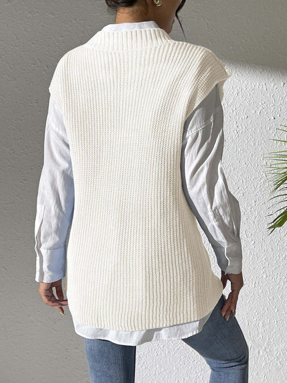 Women Ribbed Woollen Sweater Vest with Embellished Detail