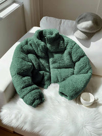 Women's Green Woollen Crop Puffer Jacket Printed Regular Fit
