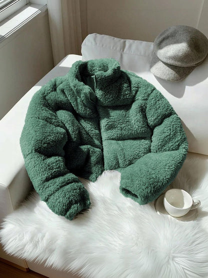 Woollen Crop Puffer Jacket in Green - Nowi Korean Fashion