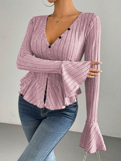 Women's Pink Bell Sleeve Ruffles Cotton Peplum Top
