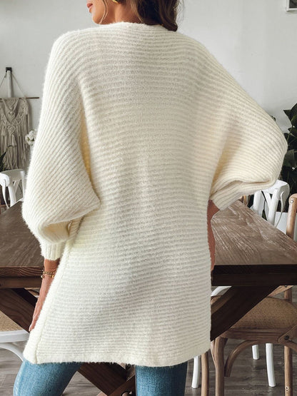 Women Ribbed Longline Cardigan with Fuzzy Detail