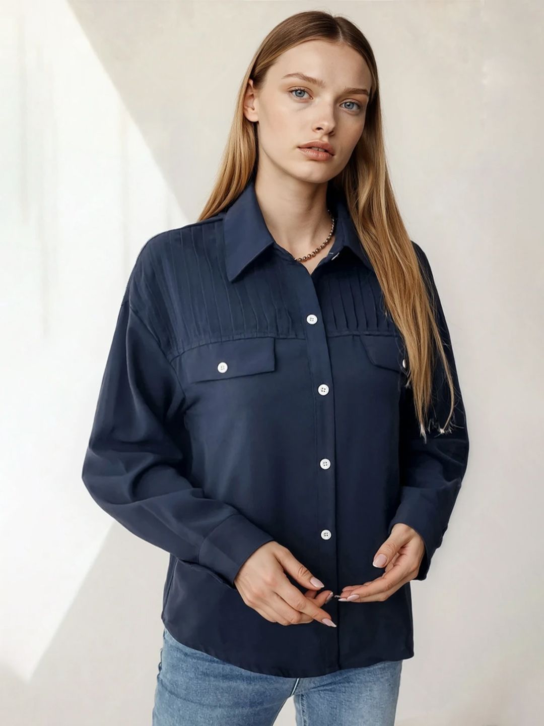 Casual Shirt in Blue polyester - Nowi Korean Fashion